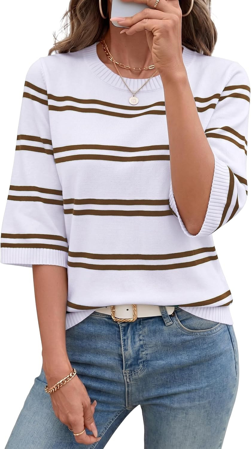 Totatuit Womens Sweaters Casual Fall Striped 3/4 Sleeve Lightweight Knit Tops | Amazon (US)