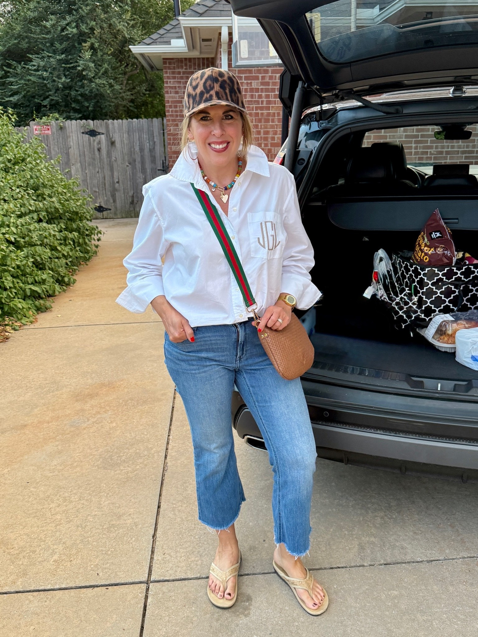 Cotton button up with collar and cuffs that pop perfectly! Fave jeans I cut off, fantastic $11 leopard hat for Fall,  loving my new Quince bag! (Swapped out the strap for today)

#LTKootd #LTKmomlife #LTKOver40