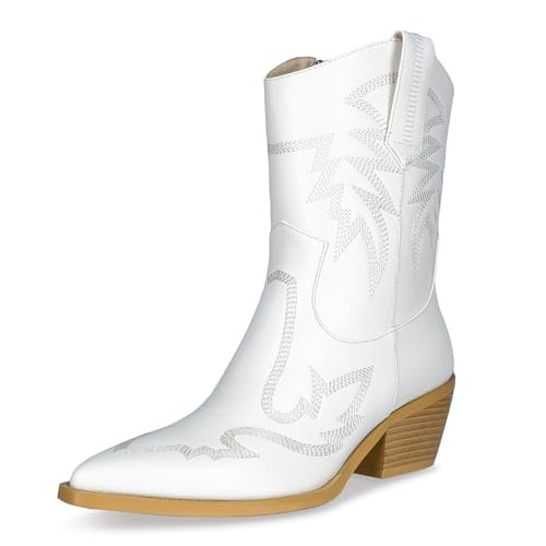 wetkiss White Cowboy Boots for Women White Cowgirl boots Cowboy Cowgirl Boots for Women Chunky Heel Boots | Amazon (US)