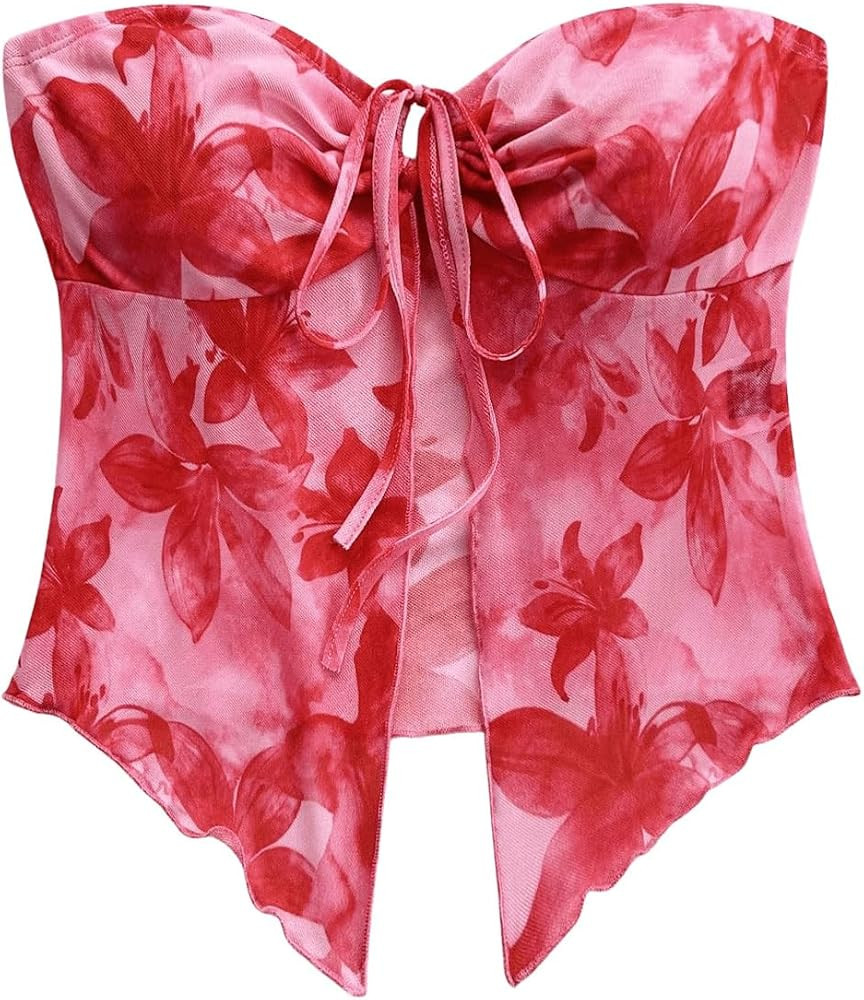 GORGLITTER Women's Floral Mesh Strapless Tube Top Bow Tie Front Split Going Out Crop Bandeau Tops | Amazon (US)