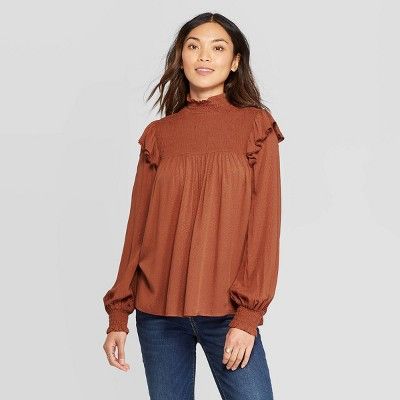 Women's Long Sleeve Turtle Neck Blouse With Smocking - Knox Rose™ Rust | Target