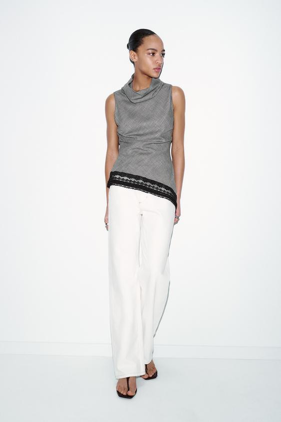 ASYMMETRIC HEM HOUNDSTOOTH LACE TOP | Zara US
