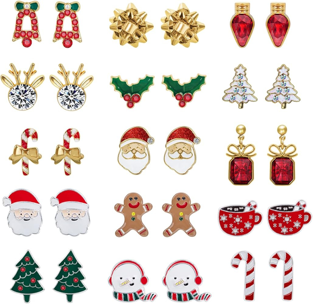 Christmas Earrings for Women,15 Pairs Hypoallergenic Santa Claus Candy Cane Snowman Christmas Tre... | Amazon (US)
