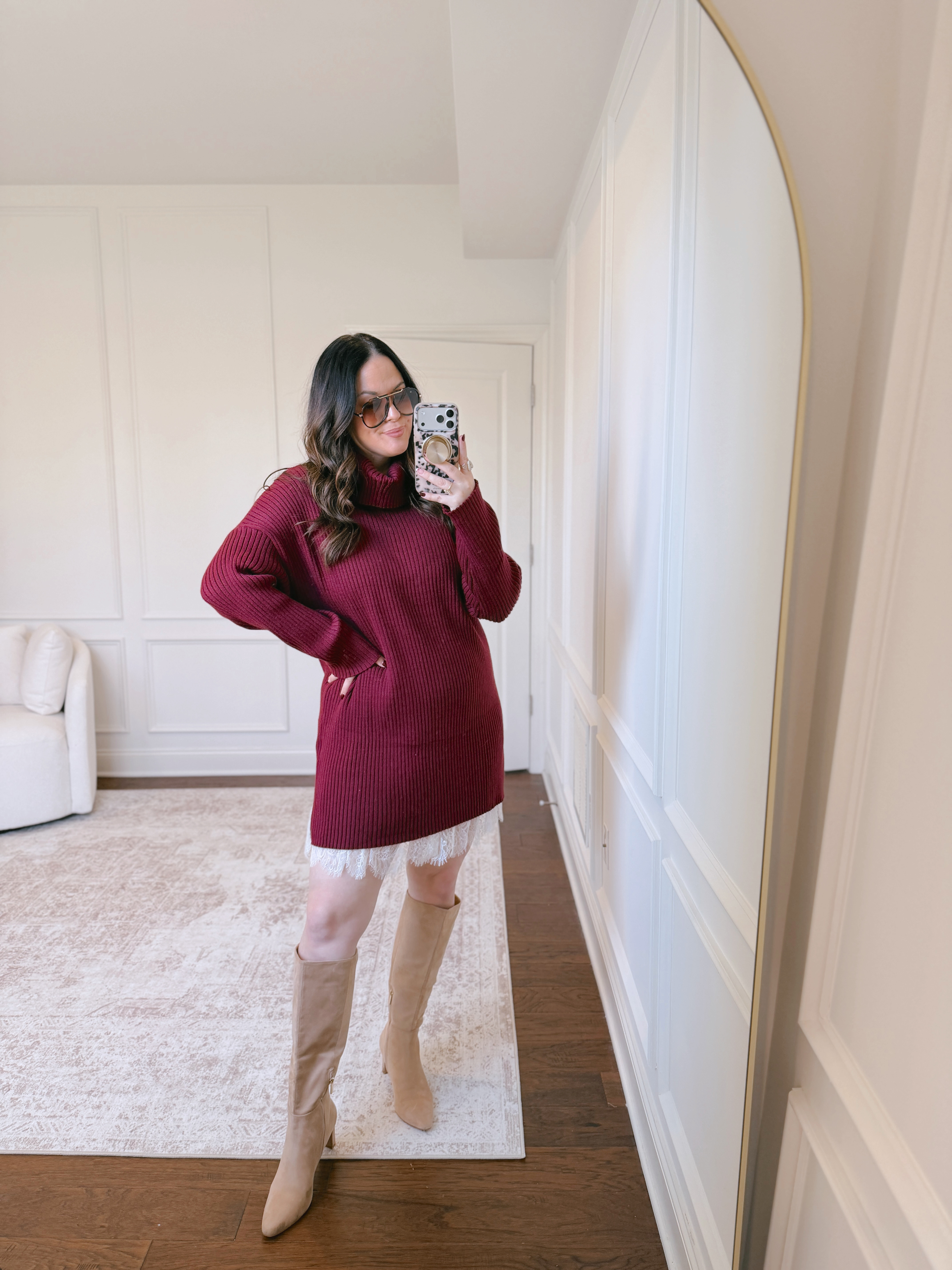 Love layering a lace skort under a too short sweater dress for extra length! Wearing a large in everything.. 

 #LTKootd #LTKMidsize #LTKFindsUnder50