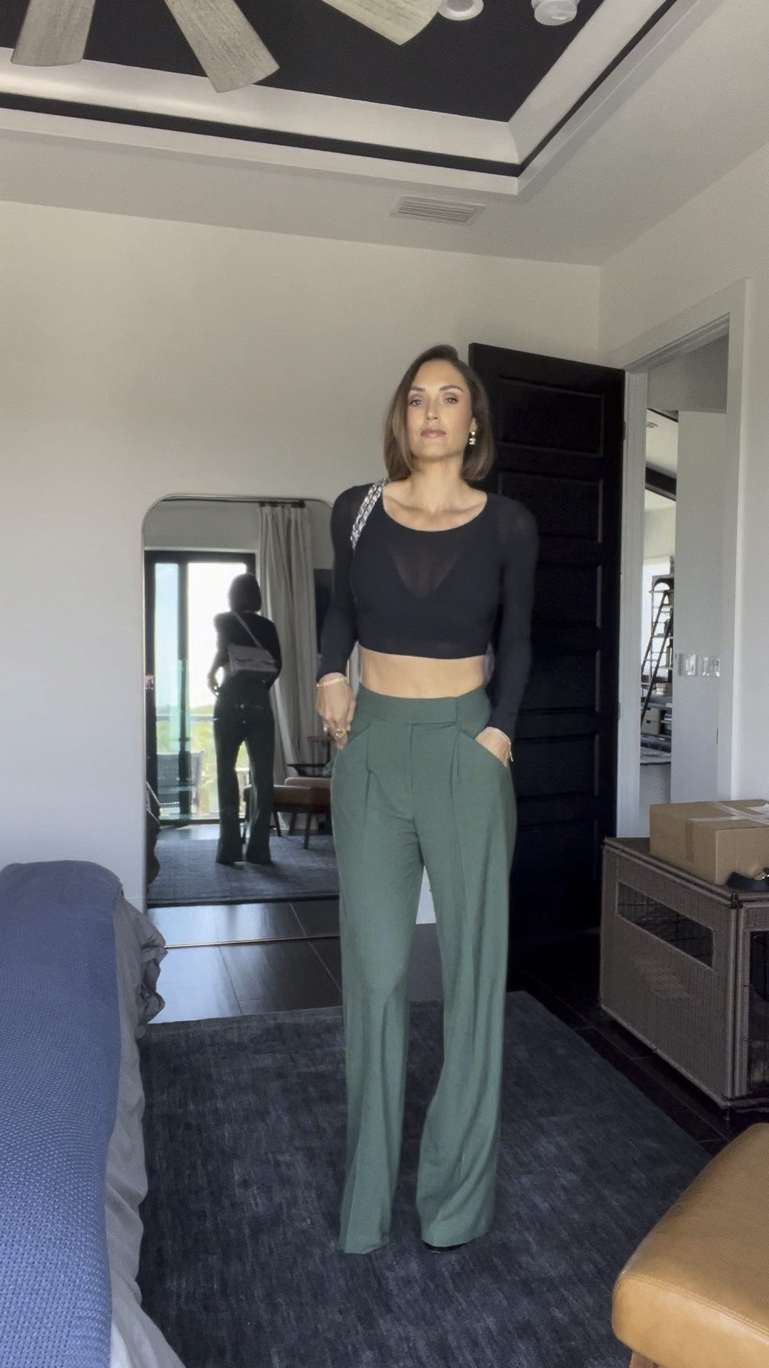 These pants are a consistent favorite!! They run a tad bit big. I’m wearing a size 2 and they are super long and a little loose around the waist. But it adds to the overall relaxed look and feel. The crop top is super versatile. Mesh fabric, a bit see through. I’m wearing a size small  