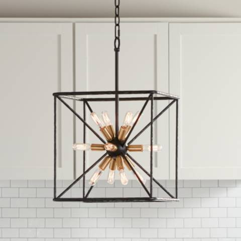 Possini Euro Gantz 15" Bronze-Brass 12-Light Square Modern Pendant | Lamps Plus