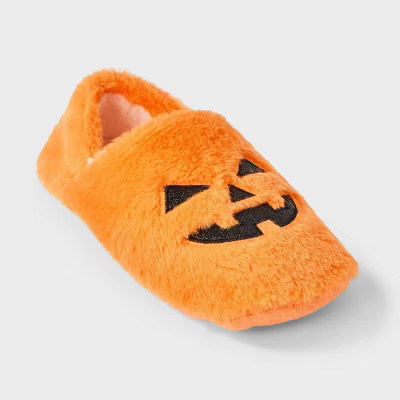 Women's Pumpkin Glitter Embroidered Halloween Faux Fur Slipper Socks with Grippers - Hyde and EEK! Boutique™ Orange/Black M/L | Target
