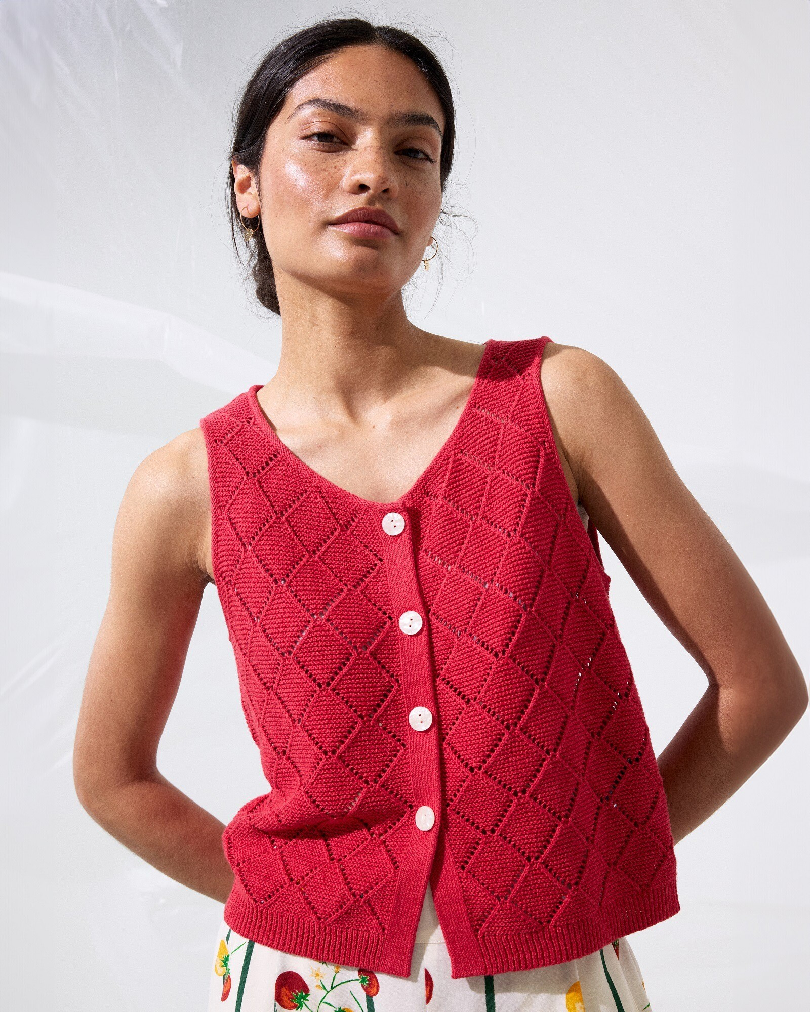Red Diamond Stitch Button Up Knitted Vest | Oliver Bonas | Oliver Bonas (Global)