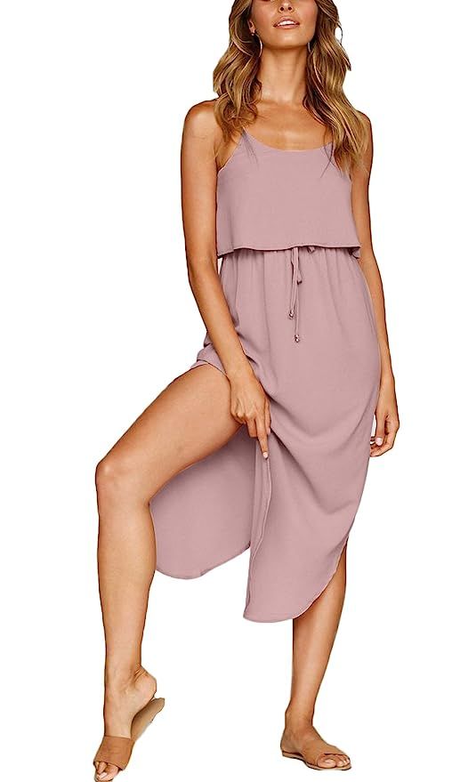 NERLEROLIAN Women's Adjustable Strappy Split Summer Beach Casual Midi Dress | Amazon (US)