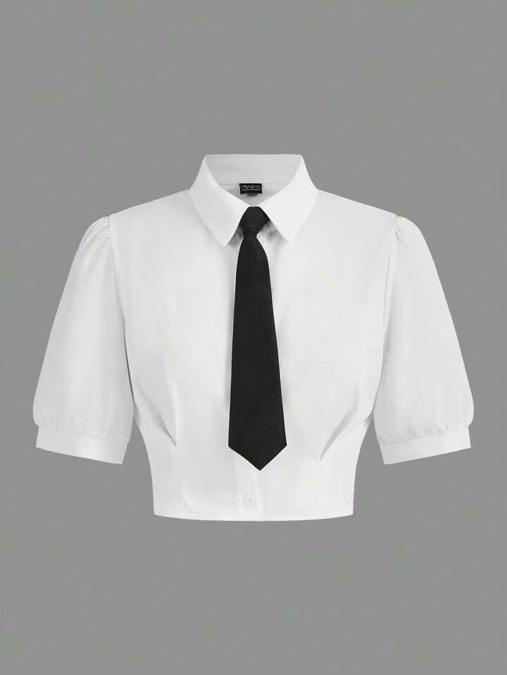 SHEIN MOD Solid Crop Shirt With Tie | SHEIN