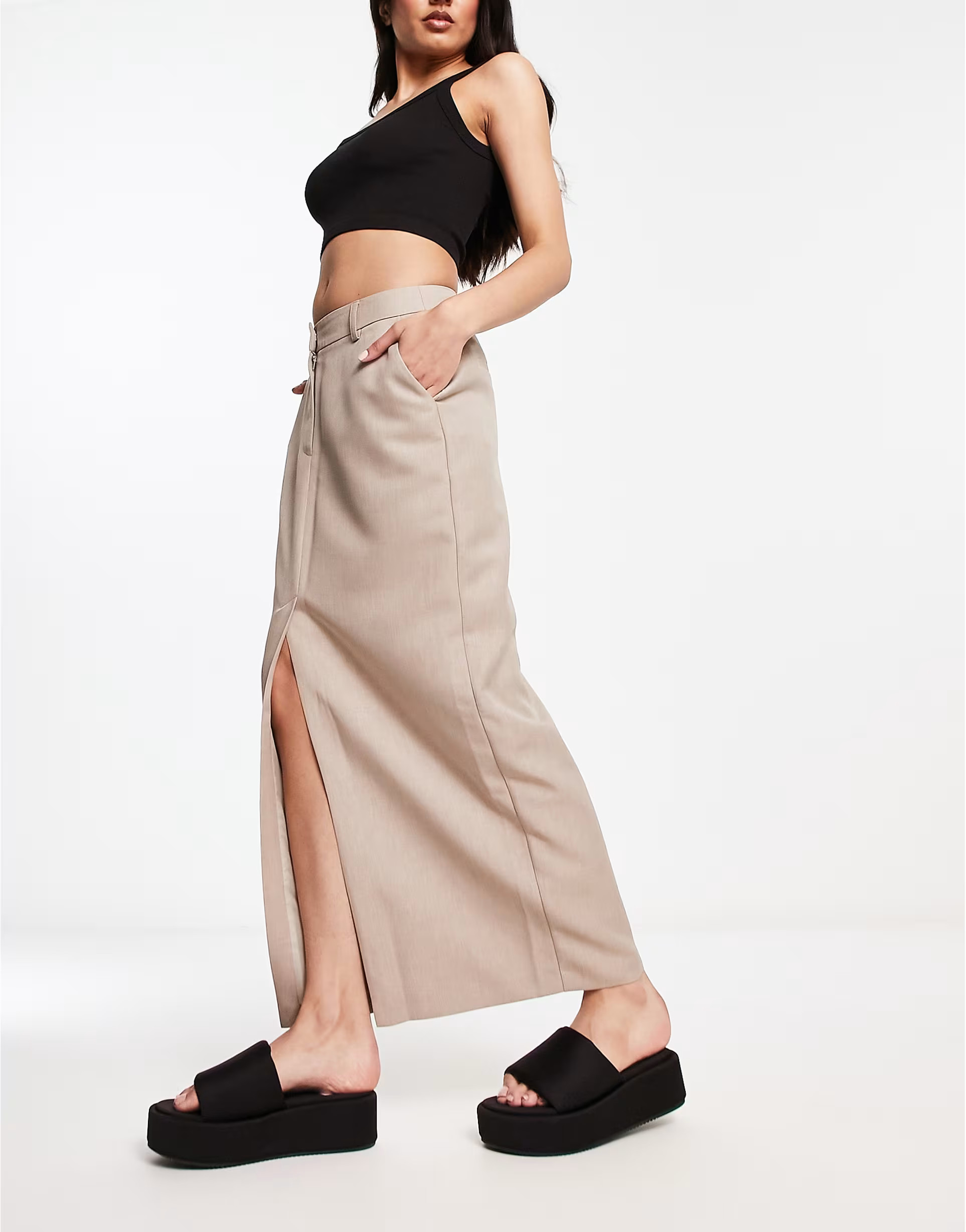 Miss Selfridge tailored maxi skirt in taupe | ASOS (Global)