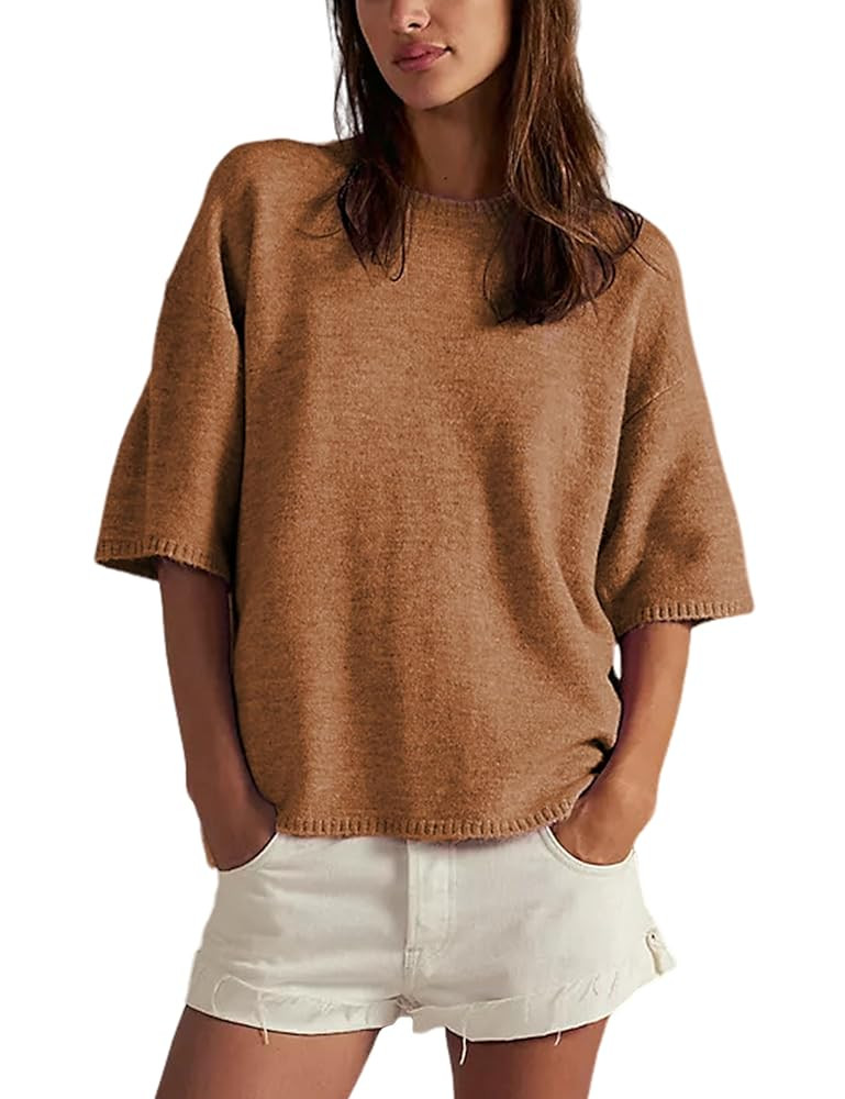 Yeokou Women Sweater Tee Casual Crewneck Short Sleeve Pullover Top Ribbed Knit Loose Shirt | Amazon (US)