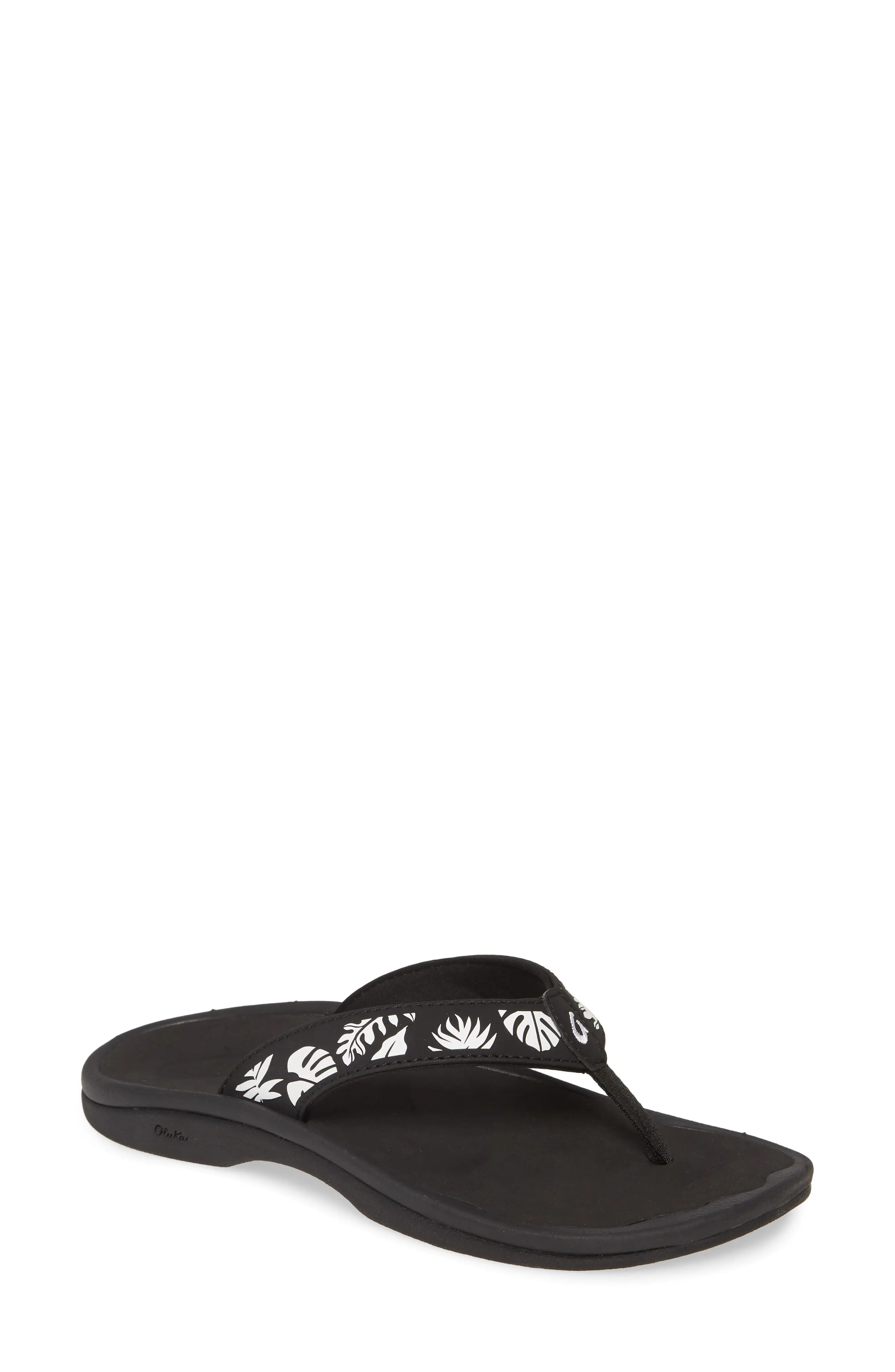 OluKai Ohana Flip Flop in Pewter/Black Faux Leather at Nordstrom, Size 8 | Nordstrom