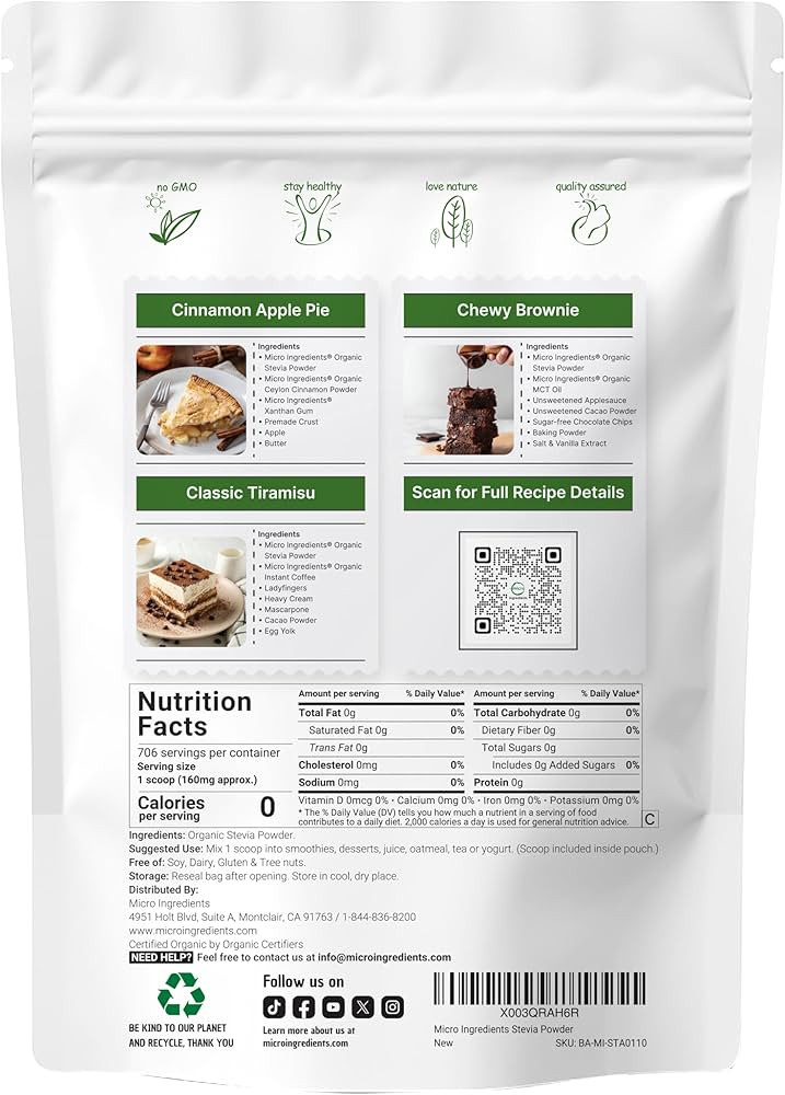 Micro Ingredients Pure Organic Stevia Powder, 4 Ounces, 706 Serving, Highest Grade Stevia Green L... | Amazon (US)