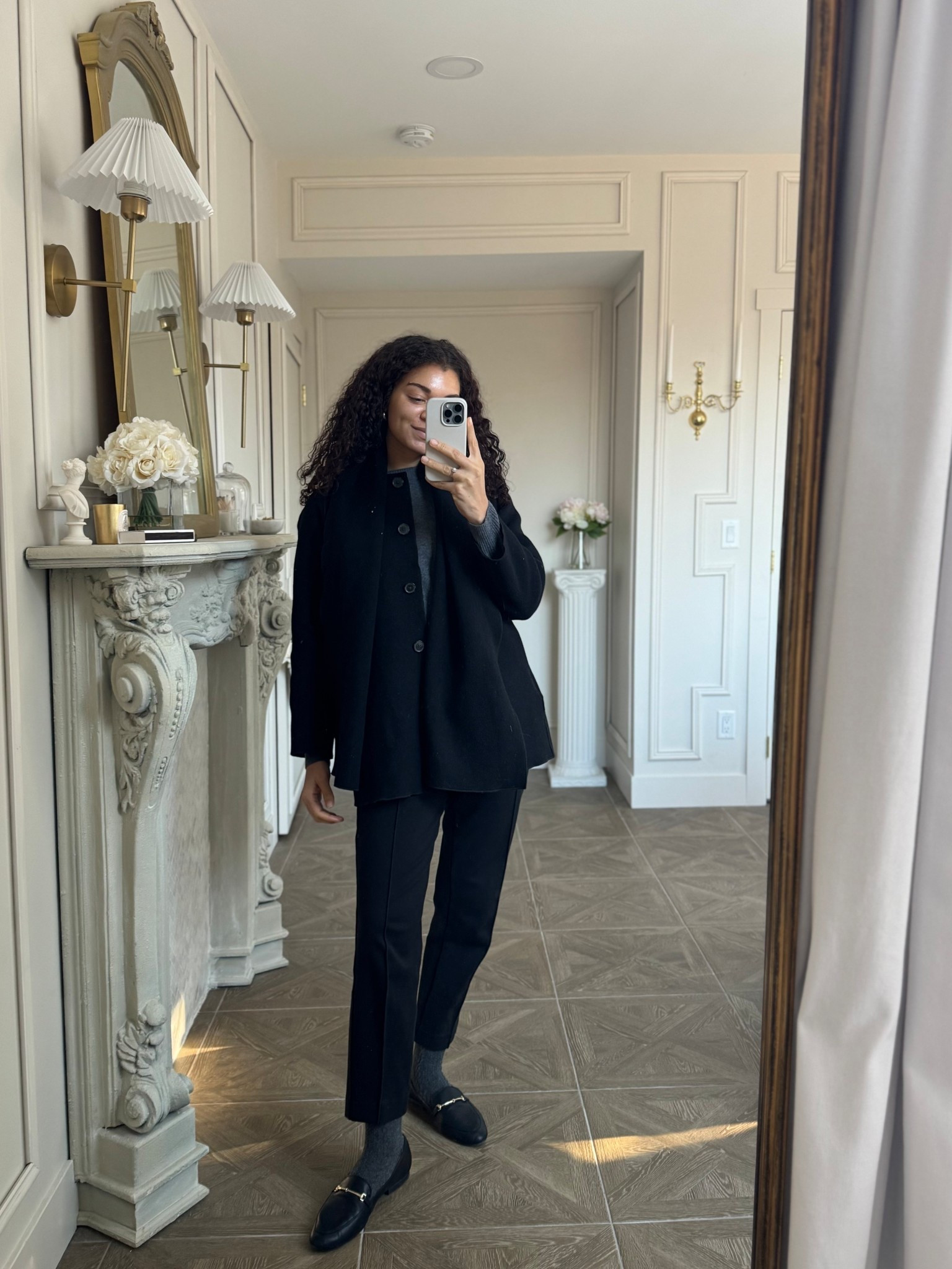 cashmere sweater, scarf coat, black pants, loafers 

#LTKootd #LTKWorkwear
