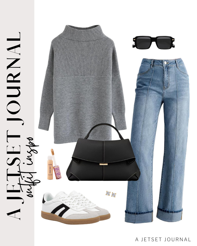 I love this gray CHICWISH knit turtleneck pullover top paired with jeans because it gives an athleisure vibe. A top-handle satchel bag and these trendy retro sneakers complete this outfit. 

 #LTKSeasonal #LTKSaleAlert #LTKTravel