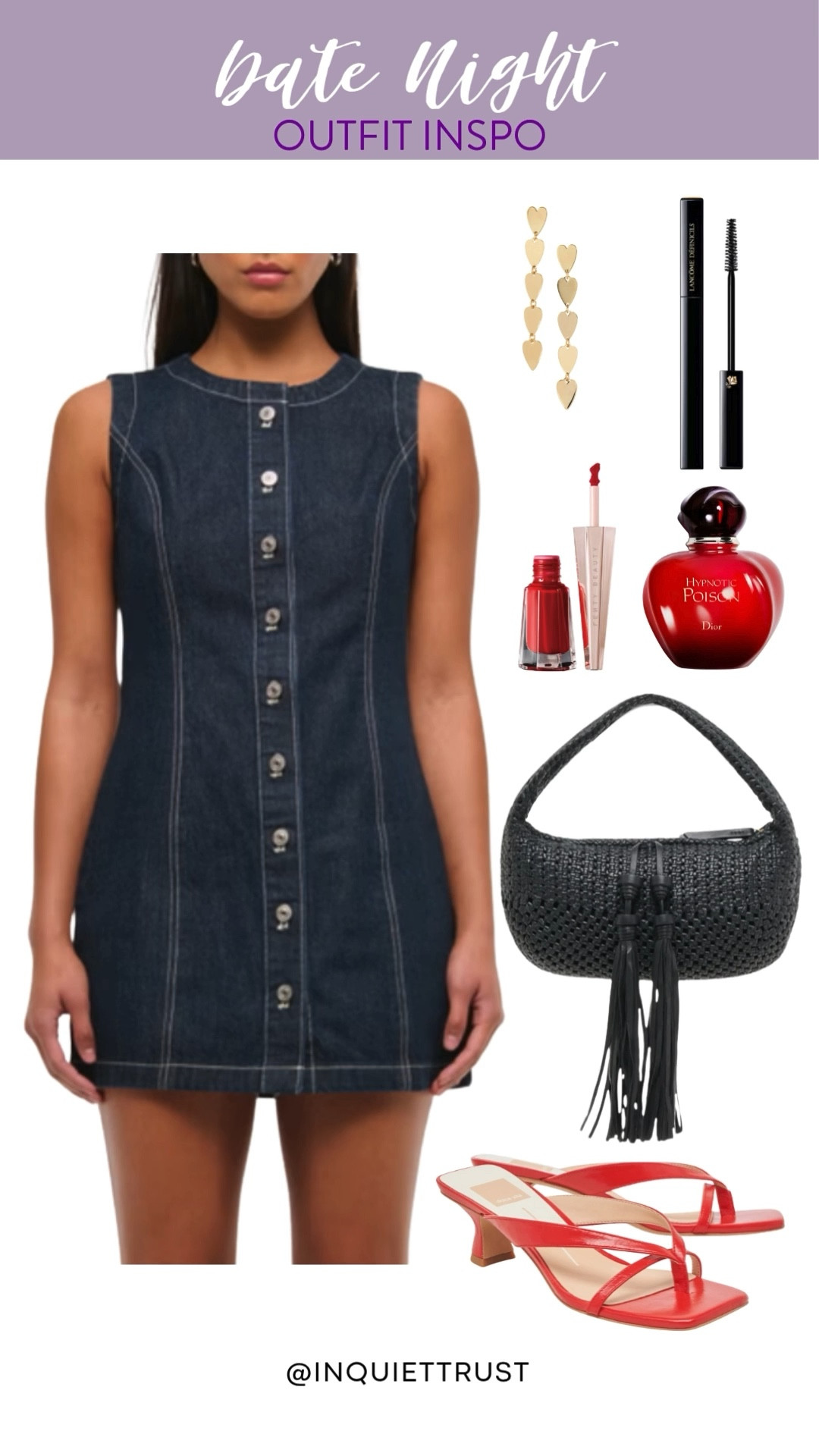 Get ready to take on the night with your partner wearing this gorgeous denim mini dress! Style it with red kitten heels and a black woven handbag. Whether it's a candlelit dinner or a moonlit walk, this look is sure to captivate.
#datenightoutfit #springfashion #casualchic #beautypicks

#LTKStyleTip #LTKSeasonal #LTKU