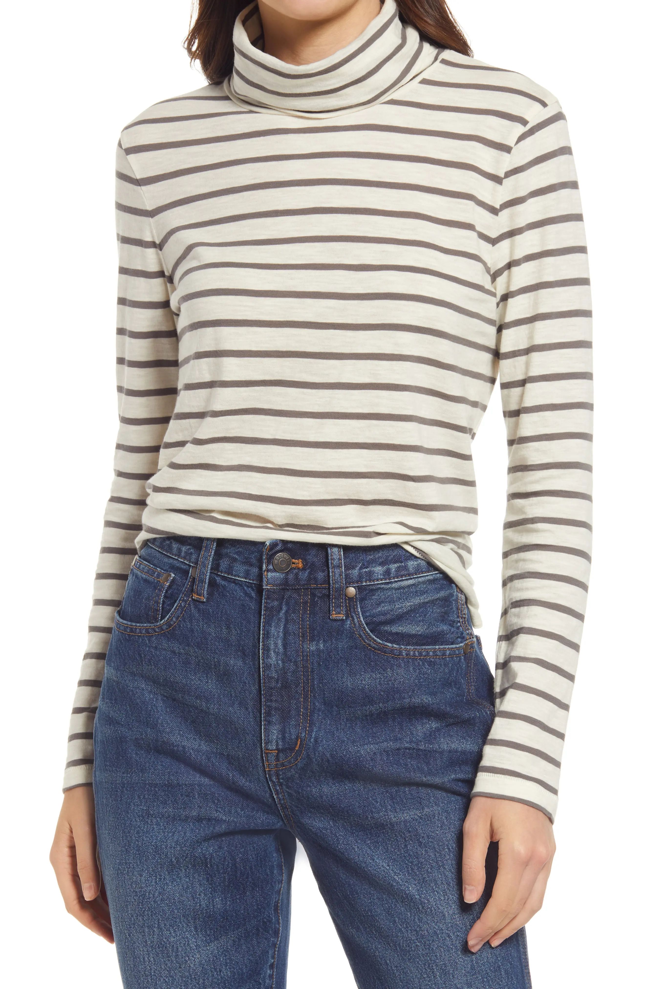Madewell Esme Stripe Whisper Cotton Turtleneck, Size X-Small in Antique Cream at Nordstrom | Nordstrom