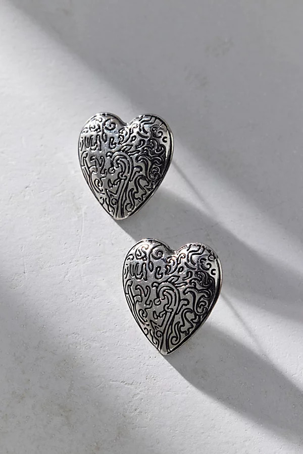 Etched Metal Heart Earring in Silver, Women's at Urban Outfitters | Urban Outfitters (US and RoW)