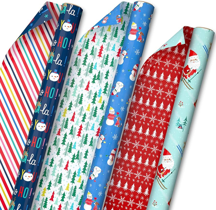 Hallmark Reversible Christmas Wrapping Paper for Kids (3 Rolls: 120 Sq. Ft. Total) Snowmen, Strip... | Amazon (US)