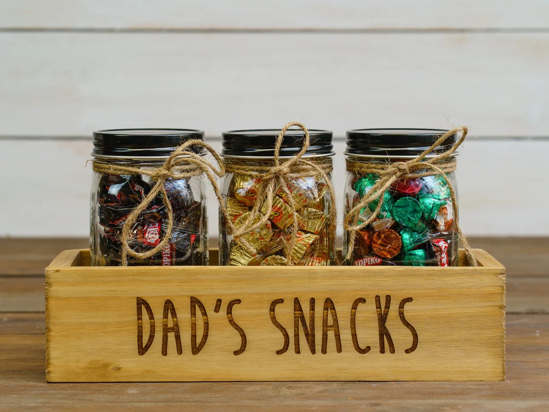 Engraved Fun "dad's Snacks" Wooden Candy Bar Box W/ Mason Jars for Candy, Popcorn, Treats - Farmh... | Etsy (Global)