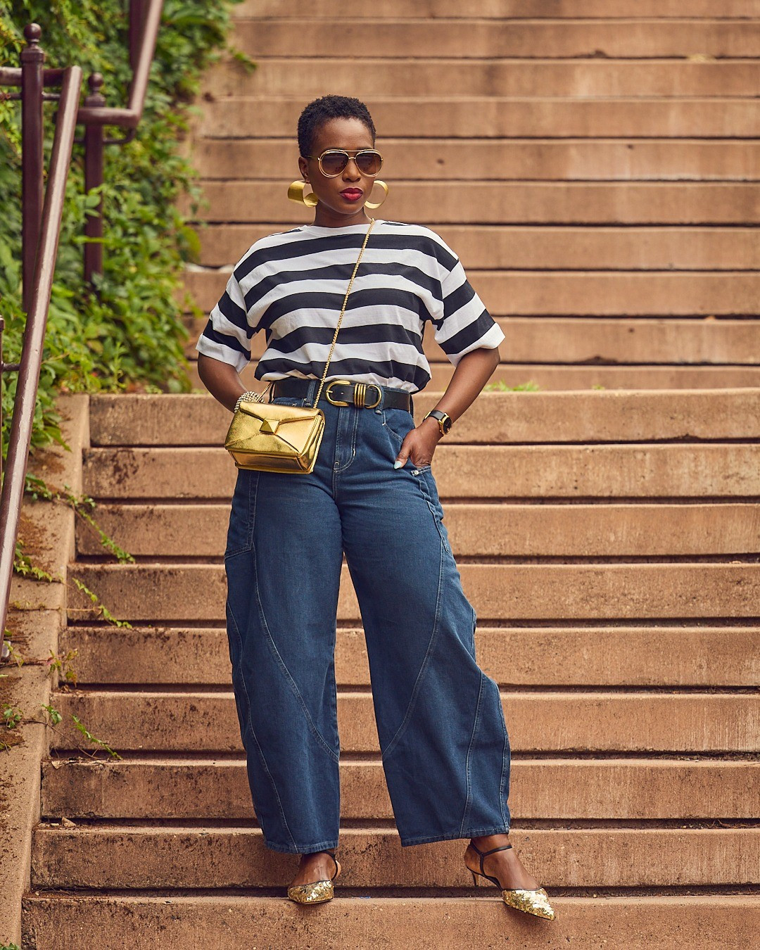 Elevated casual outfit with horseshoe jeans and a striped tee. Love the seam details on those jeans and the fact that they're tall-girl-friendly. I sized up. 🖤 Free People, Ann Taylor, Sam Edelman, gold accessories, how to style barrel jeans, denim outfit, Anthropologie, comfy heels

#LTKMidsize #LTKStyleTip