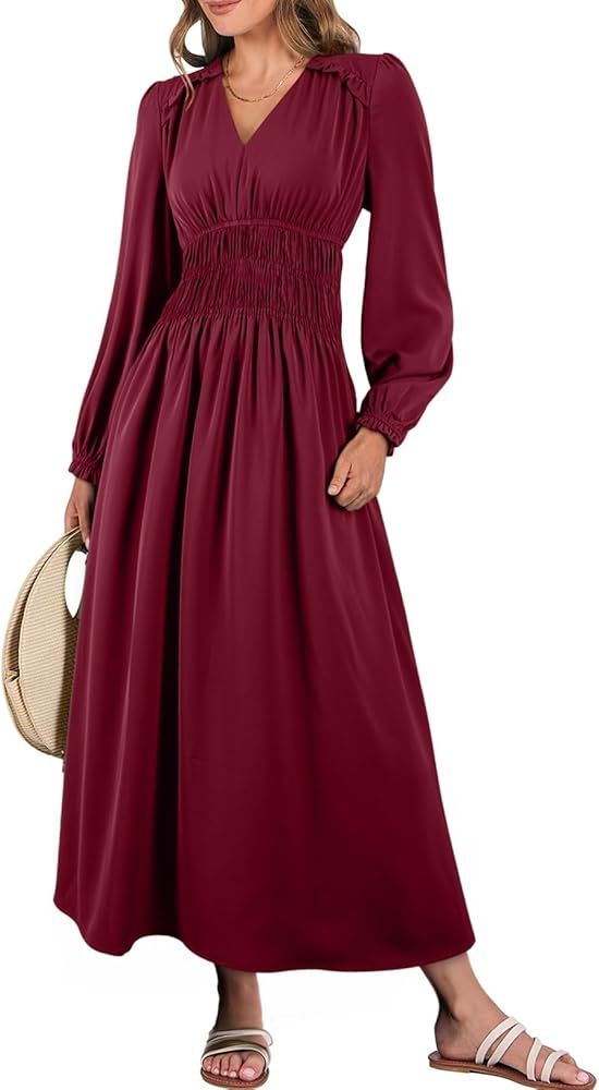 BLENCOT Women Casual Long Sleeve Dress V Neck Fall Dresses 2024 Solid Color Tiered Flowy Boho Lon... | Amazon (US)