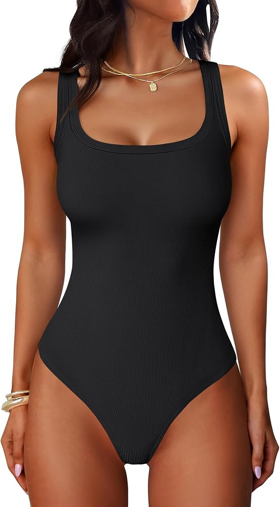 ANRABESS Women Tank Top Bodysuits Ribbed Knit Scoop Neck Body Suits | Amazon (US)
