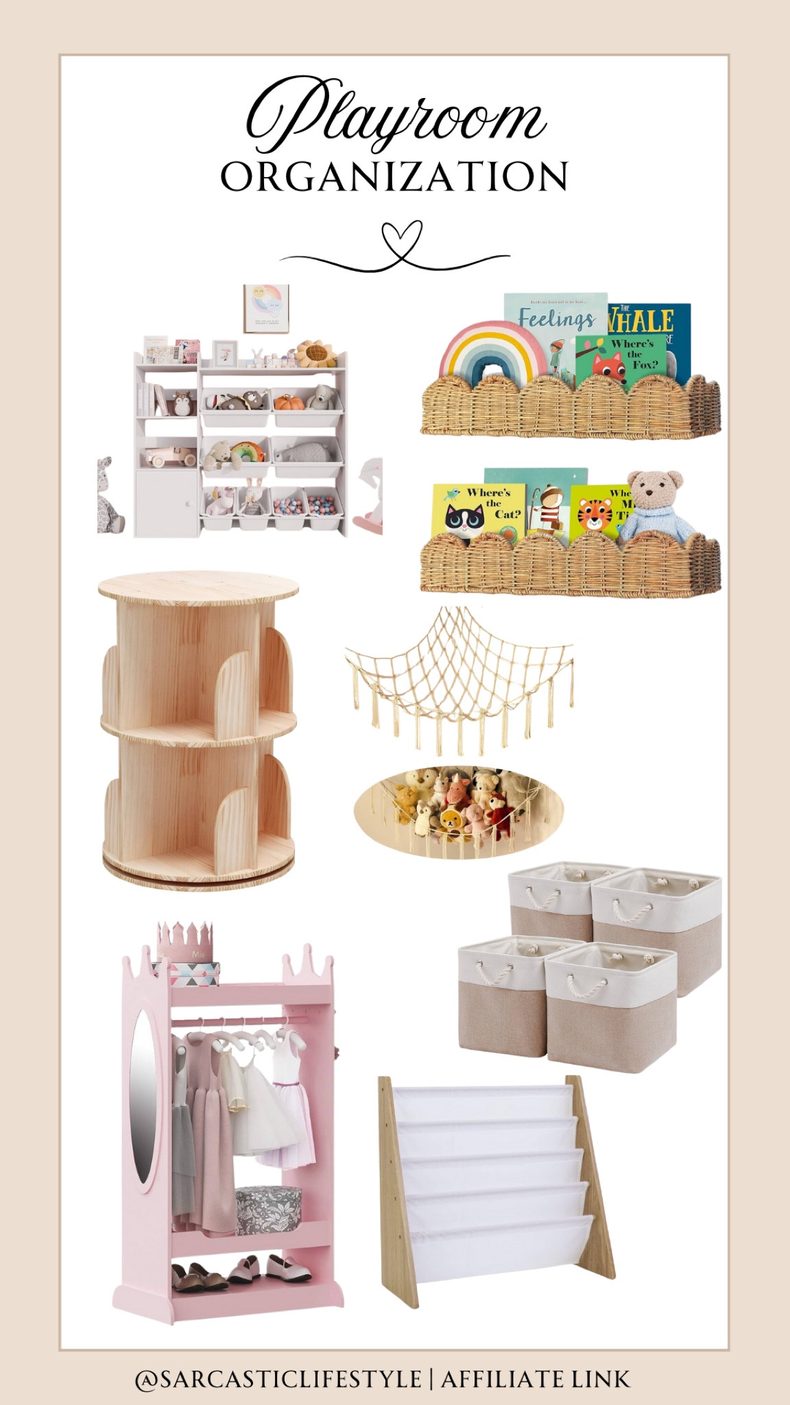Amazon playroom organization. 

Shelves. Revolving bookshelf. Baskets. Stuffed animal net. 

#LTKHome #LTKKids #LTKBaby