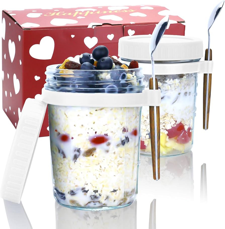 Overnight Oats Containers with Lids and Spoons - 2 Pack 350ML Glass Mason Jars for Overnight Oats... | Amazon (UK)