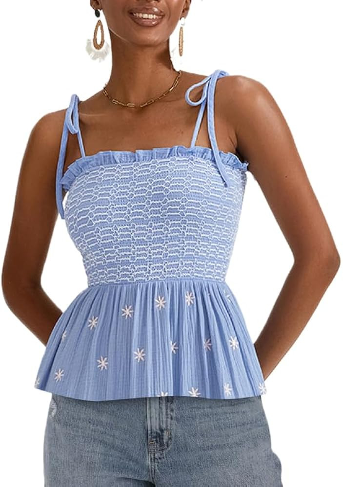 Boho Floral Ruffle Tank Tops for Women Square Neck Frill Smocked Cami Tank Vintage Tie Shoulder R... | Amazon (US)