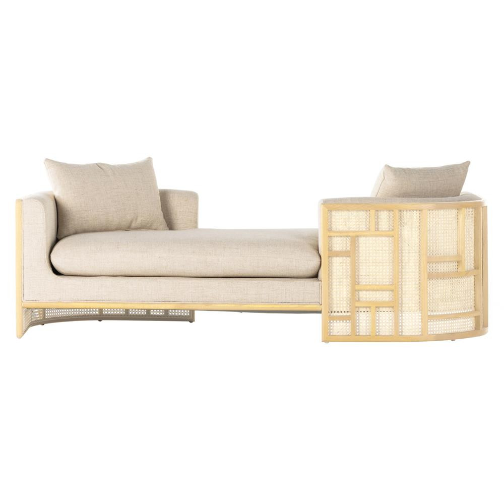 Jun Coastal Cream Performance Woven Cane Natural Wood Frame Chaise Lounge | Kathy Kuo Home