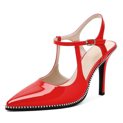 SAMMITOP Red Heels Women Closed Pointed Toe Ankle Strap Stiletto High Heel Pumps Shoes Beaded Dressy Patent Leather 3.5 Inch Size 8.5 | Amazon (US)