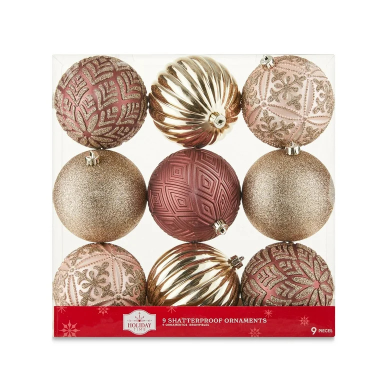 9-Count 100mm Shatterproof Christmas Ornaments, Blush & Champagne, Holiday Time - Walmart.com | Walmart (US)