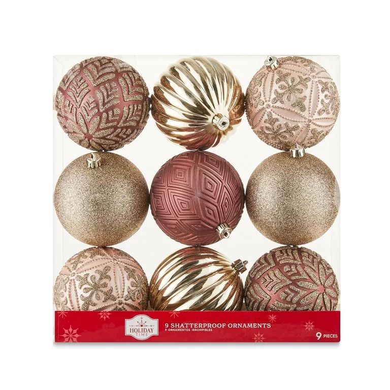 9-Count 100mm Shatterproof Christmas Ornaments, Blush & Champagne, Holiday Time | Walmart (US)