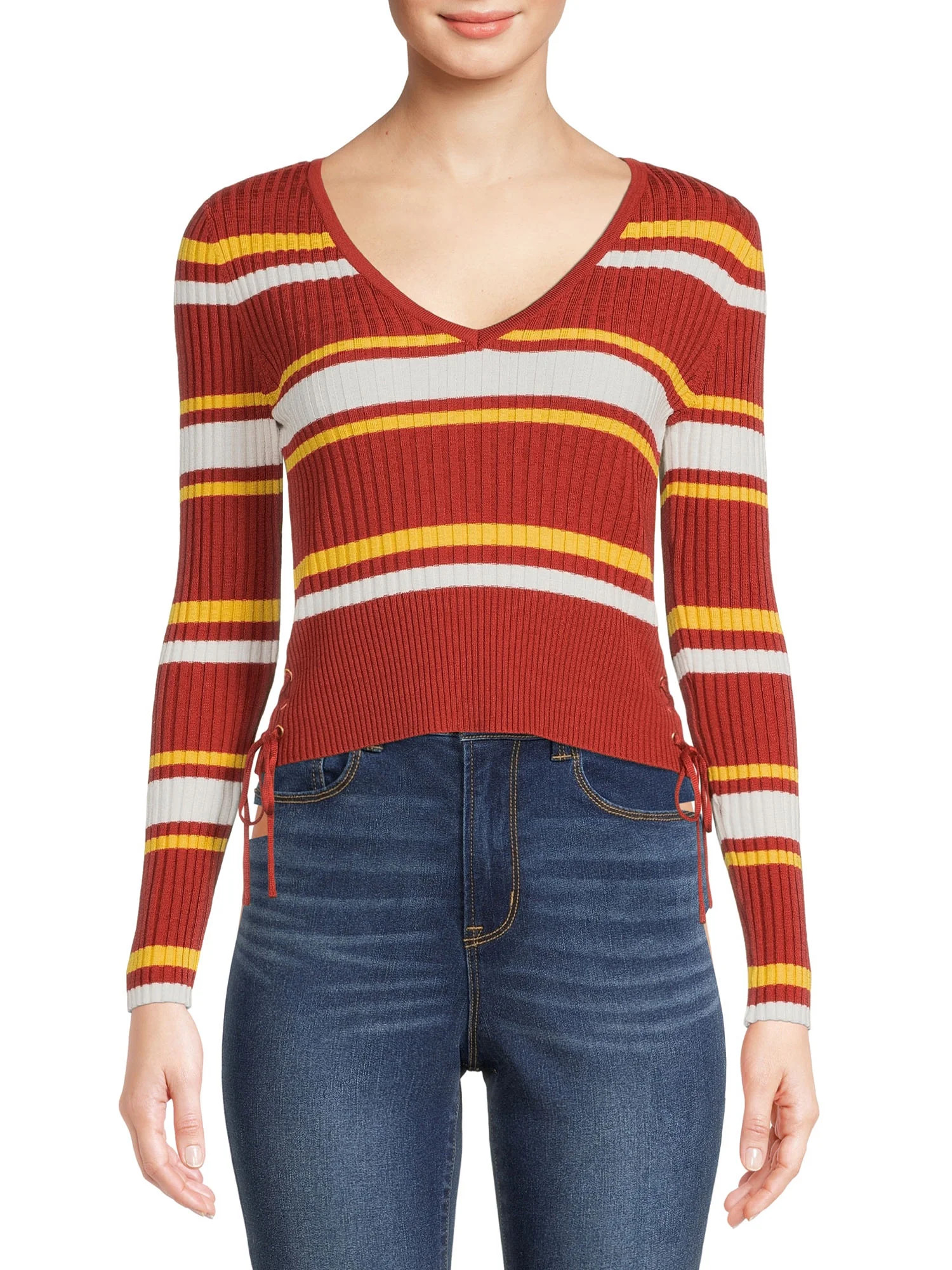No Boundaries Junior's Stripe V-Neck Sweater - Walmart.com | Walmart (US)