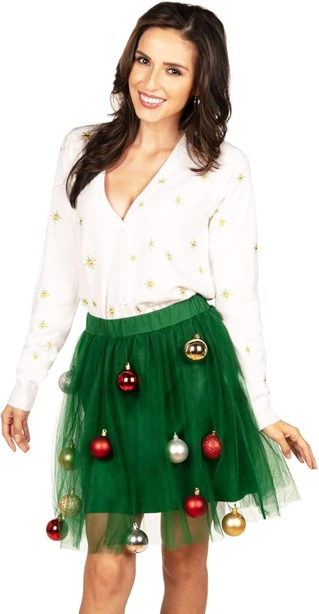 Tipsy Elves' Women's White and Green Tree Skirt Dress - Classic Holiday Outfit with Ornaments | Amazon (US)