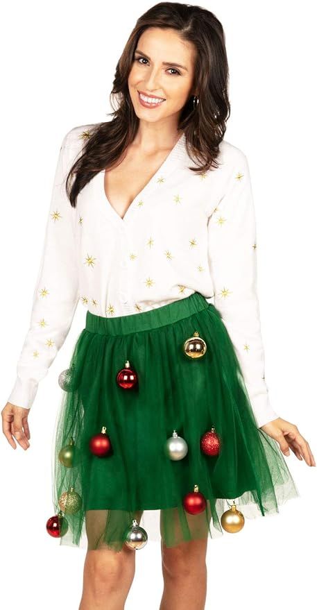 Tipsy Elves' Women's White and Green Tree Skirt Dress - Classic Holiday Outfit with Ornaments | Amazon (US)