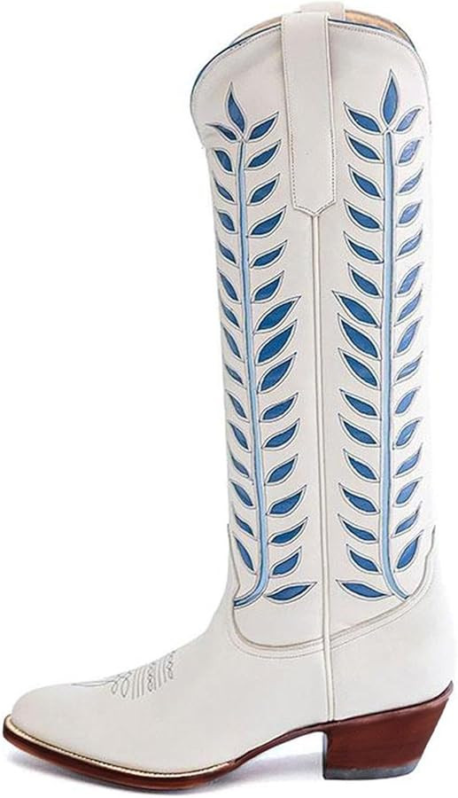 KaroNairy Orange Wide Calf Cowboy Boots for Women Foliage Embroidered Western Cowgirl Boots Chunk... | Amazon (US)