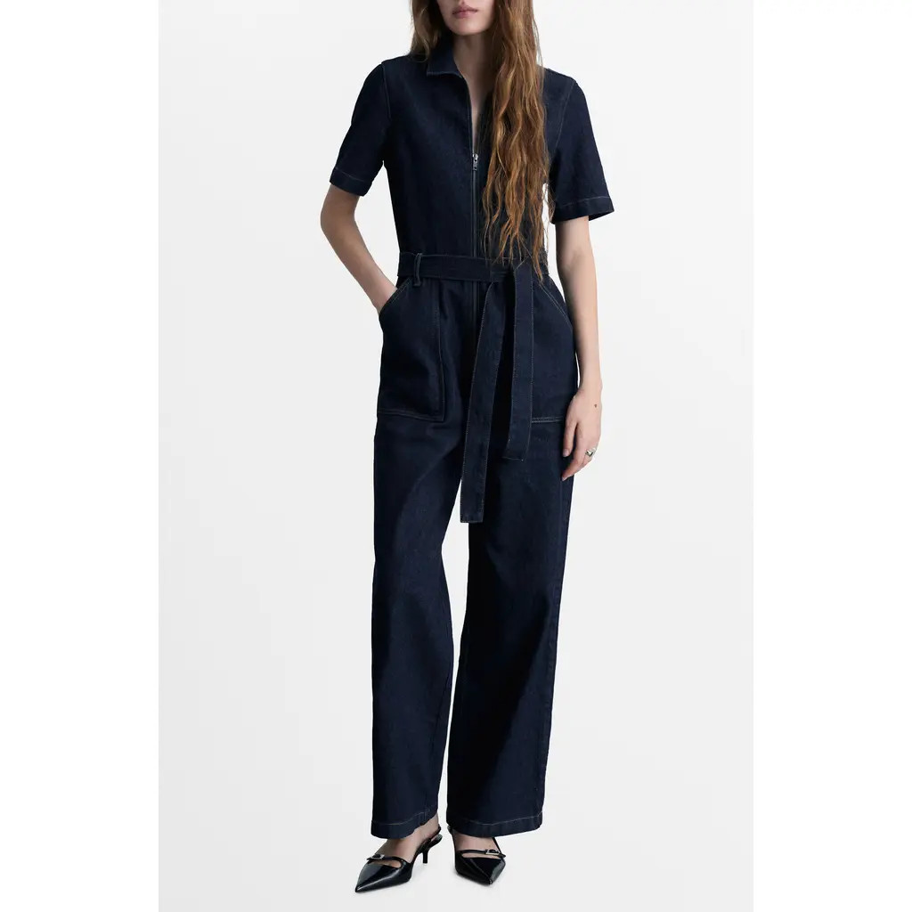 MANGO Belted Wide Leg Denim Jumpsuit in Open Blue at Nordstrom, Size Small | Nordstrom