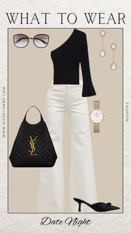 What to wear for a date night, gorgeous one shoulder top with wide leg pants, comfortable stylish shoes and the it bag. #datenight #nightoutfit #accessories 

#LTKover40 #LTKfindsunder50 #LTKstyletip