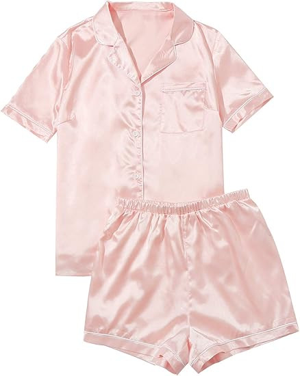 SweatyRocks Women's Short Sleeve Sleepwear Button Down Satin 2 Piece Pajama Set | Amazon (US)