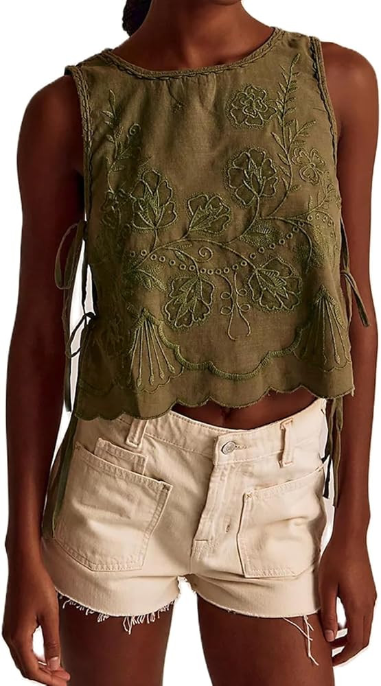 Tie Front Tops for Women Sleeveless V Neck Floral Embroidered Tank Y2k Sexy Cute Going Out Crop V... | Amazon (US)