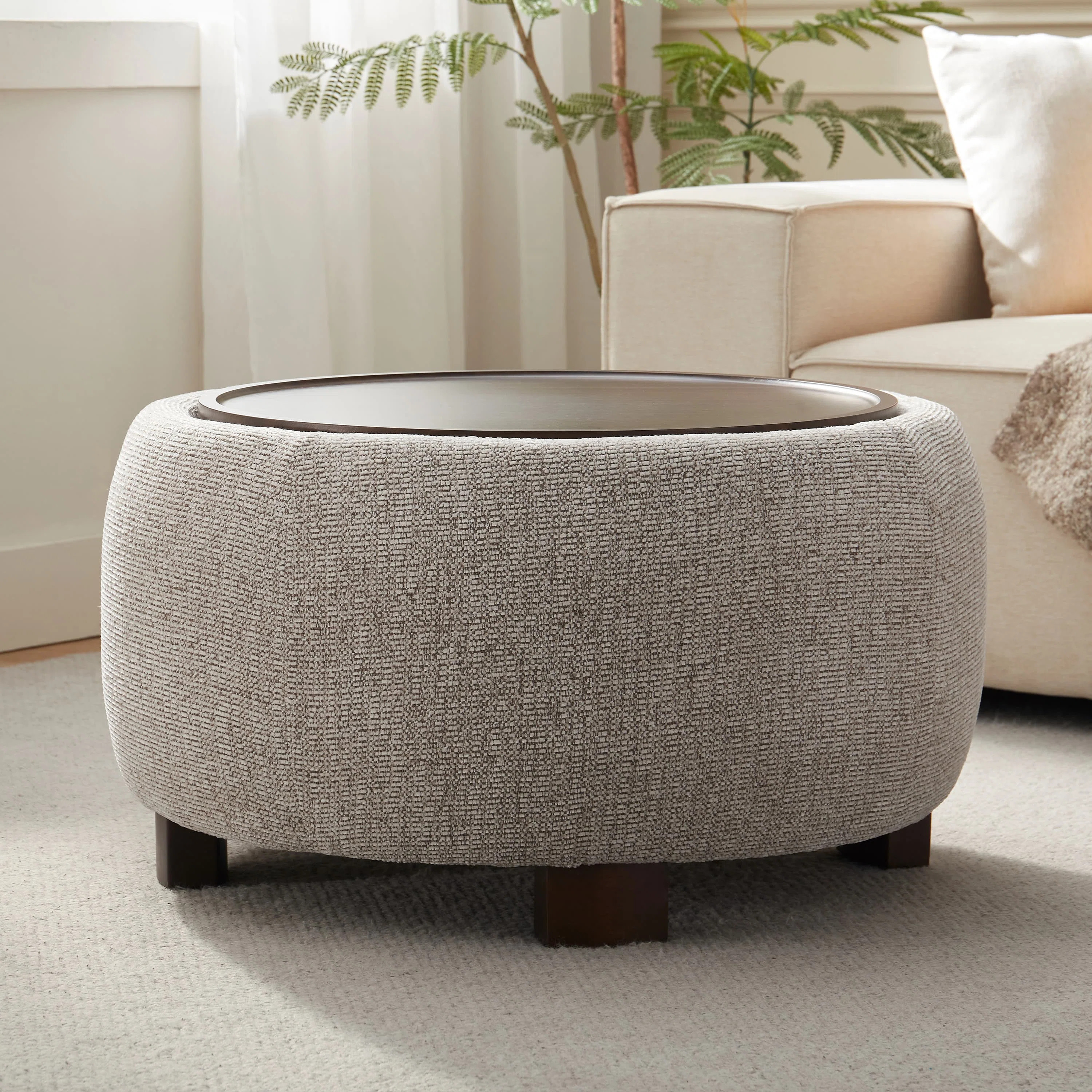 Upholstered Round Storage Ottoman with Wooden Tray | Wayfair North America