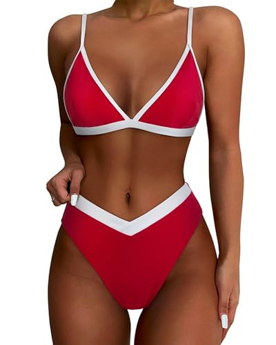 SUUKSESS Women Triangle High Cut Bikini Sets Sexy High Waisted Color Block Two Piece Swimsuits Push Up Bathing Suits(Red White,XL) | Amazon (US)