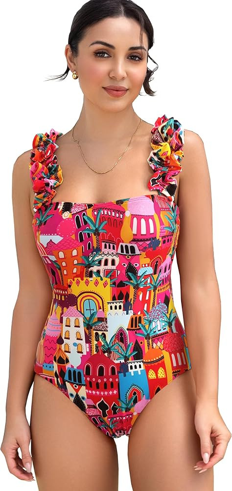 SPORLIKE One Piece Swimsuit Women Ruffle Adjustable Straps Bathing Suit Padded Swimwear | Amazon (US)