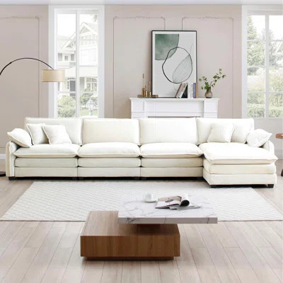 Beige Corduroy Living Room Furniture: 4 Seater With Footstool & 6 Elegant Pillows For Harmony | Wayfair North America
