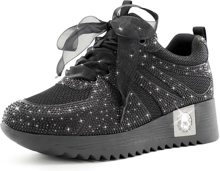 Women's Fashion Glitter Sneakers Platform Wedge Shoes Sparkly Rhinestone High Top Sneakers Trendy... | Amazon (US)