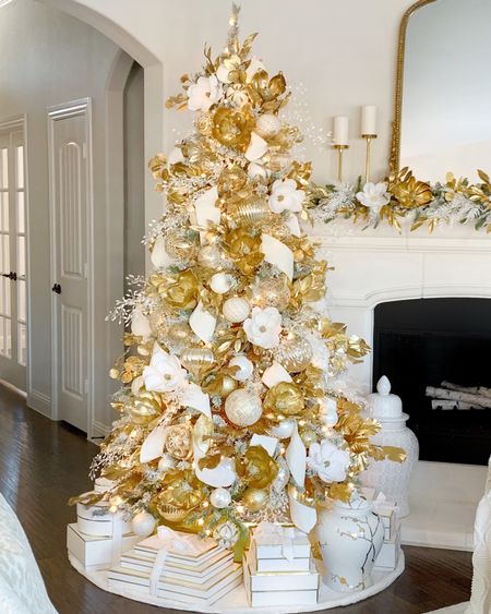 White & gold Christmas tree from a few years ago! My gold magnolia  flower picks are back in stock and on sale! Flocked tree is from Walmart 🙌🏻

Christmas decor, glam decor, gleaming primrose mirror, Anthropologie, Walmart home #walmart finds home decor holiday decor 

#LTKsalealert #LTKHoliday #LTKhome