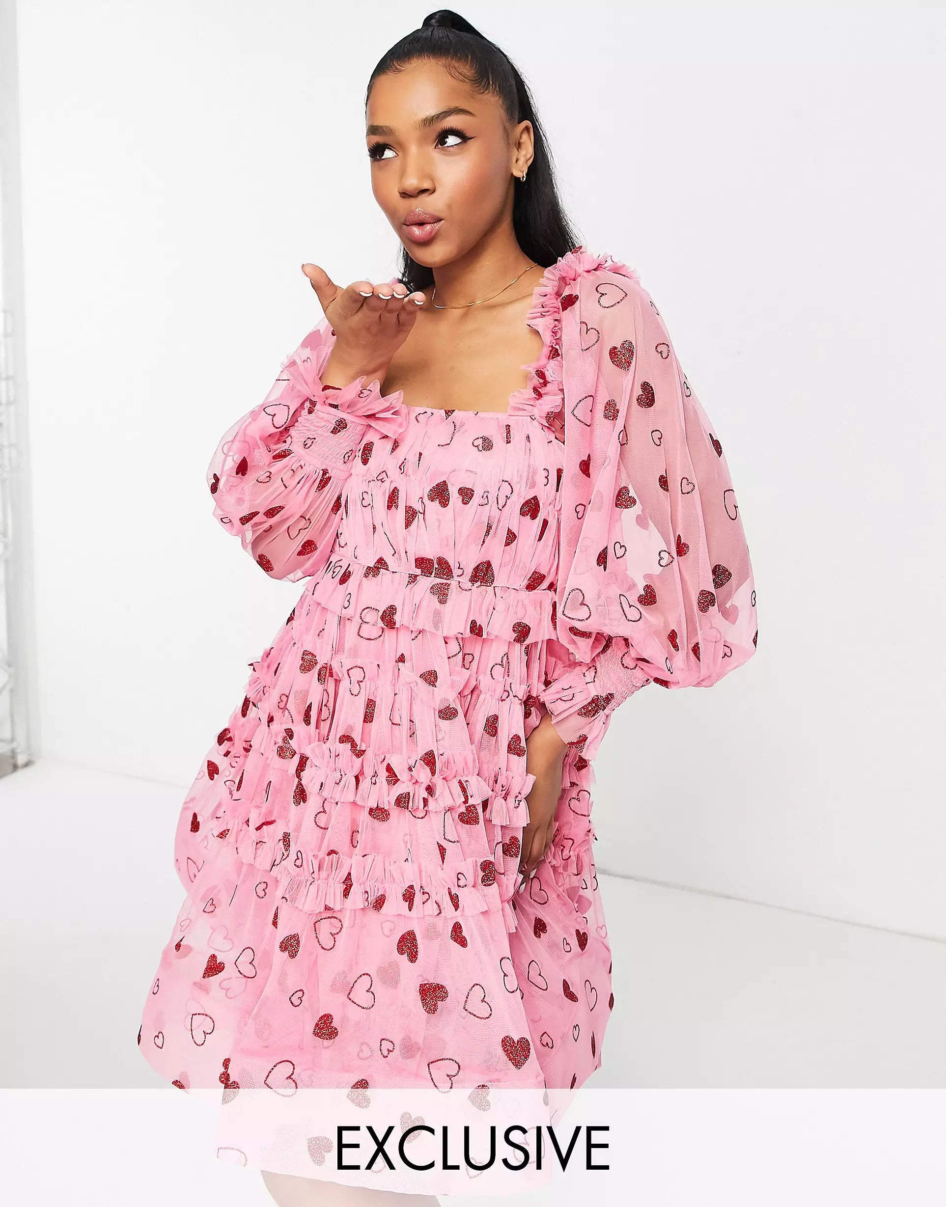 Lace & Beads exclusive square neck tiered mini dress in pink and red heart | ASOS (Global)